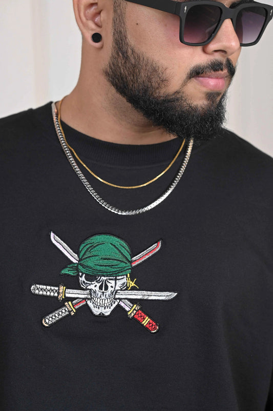 Zoro Abstract Line Art Embroidered Oversized T-Shirt