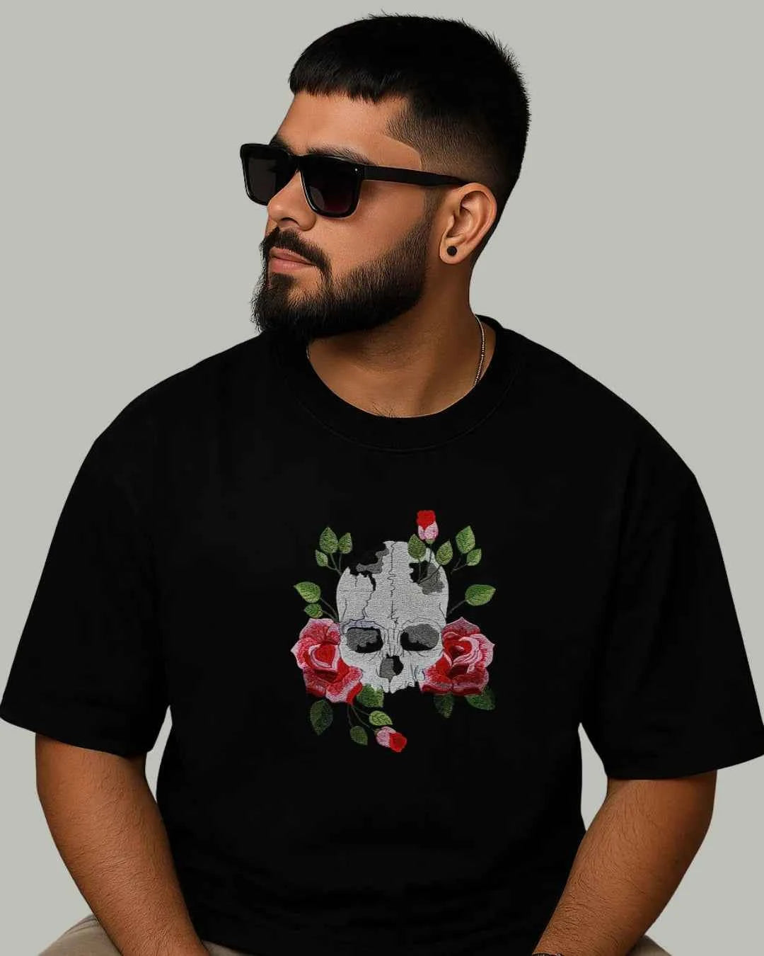 Skull & Roses Embroidered Oversized T-Shirt