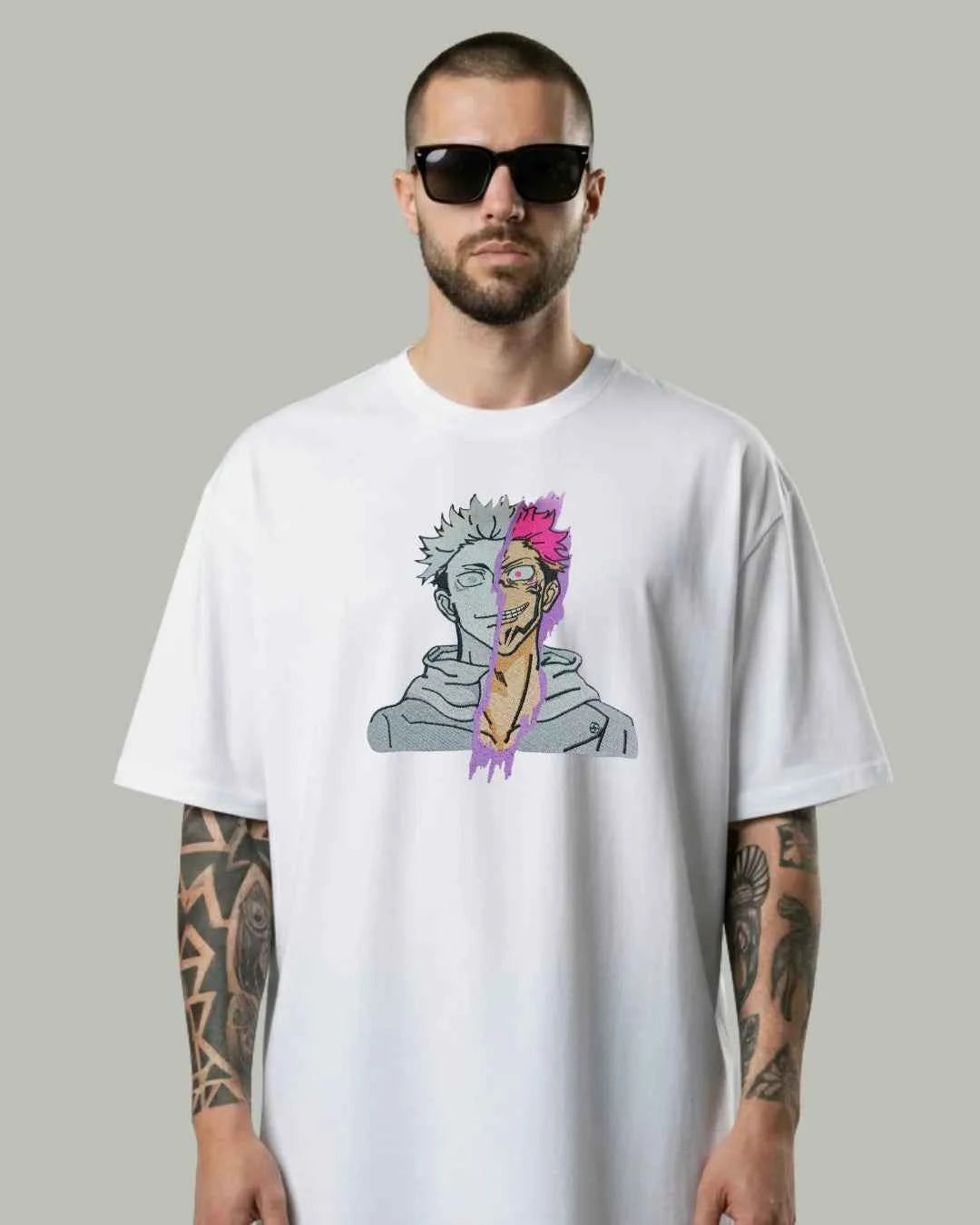 Yuji Itadori x Sukuna Split Face Embroidered Oversized T-Shirt