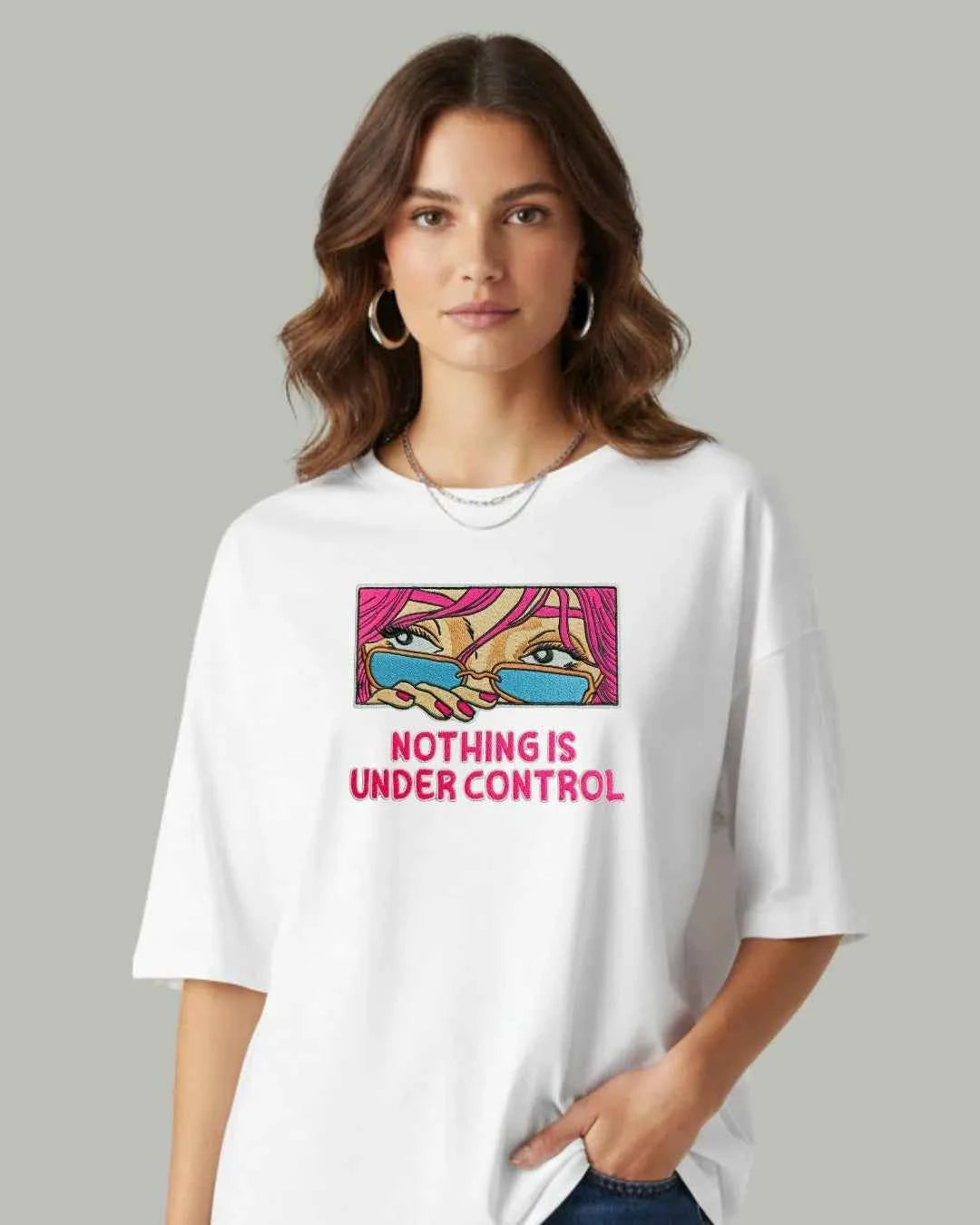 Nothing Under Control Women’s Embroidered Oversized T-Shirt