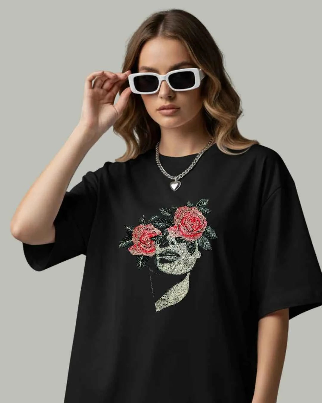 Floral Face Women’s Embroidered Oversized T-Shirt