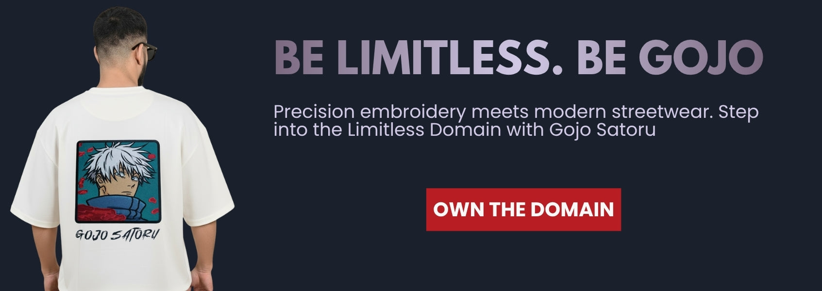 Embroidered Gojo Satoru design from Jujutsu Kaisen. Oversized streetwear tee by Kreativ Arts Inc. Detailed embroidery anime-inspired streetwear