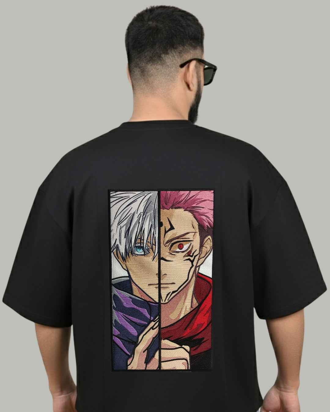 Gojo x Sukuna Split Face Embroidered Oversized T-Shirt