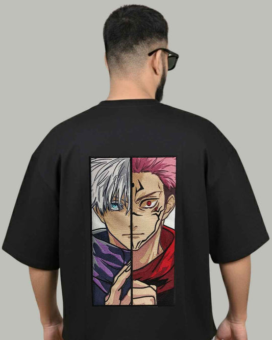 Gojo x Sukuna Split Face Embroidered Oversized T-Shirt