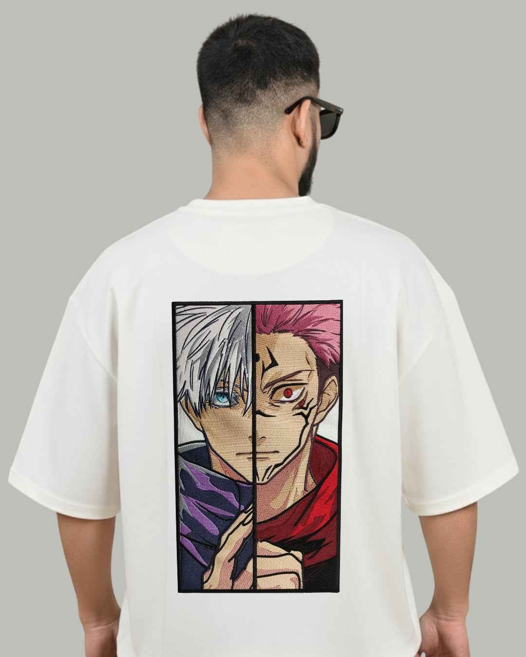 Gojo x Sukuna Split Face Embroidered Oversized T-Shirt