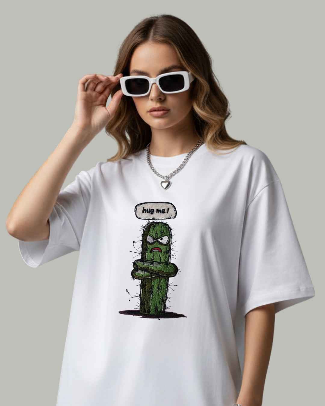 "Hug Me" Grumpy Cactus Embroidered T-Shirt