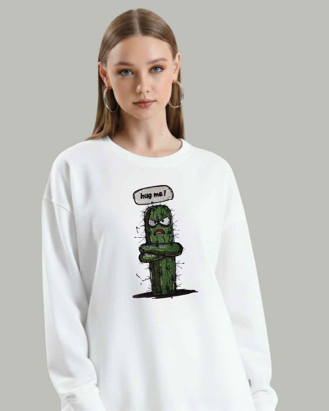 "Hug Me" Grumpy Cactus Embroidered Sweatshirt
