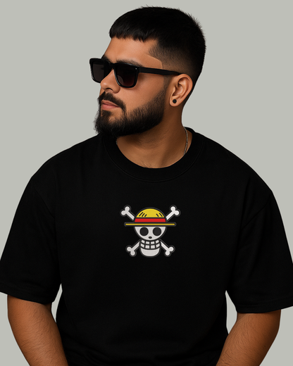One Piece Straw Hat Crew Embroidered Oversized T-Shirt - Kreativ Arts Inc
