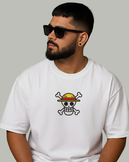 One Piece Straw Hat Crew Embroidered Oversized T-Shirt - Kreativ Arts Inc
